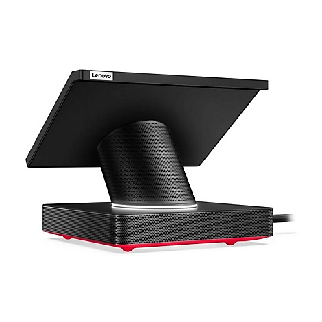 Schwarzes Lenovo-Display mit roter Basis. Bildschirm geneigt, auf perforierter Säule und rechteckiger Basis. Stromkabel sichtbar.
