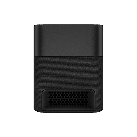 Schwarzer Lautsprecher, rechteckig mit Stoff, unterem Lufteinlass mit sechseckigem Gitter.