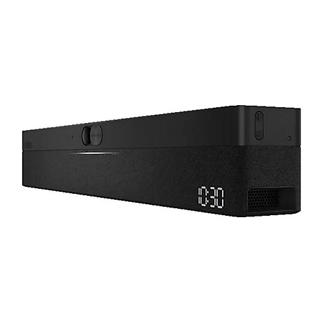 Schwarze Videokonferenz-Soundbar mit eingebauter Uhr und Bedienelementen, Zeigt die Uhrzeit 10:30 an.