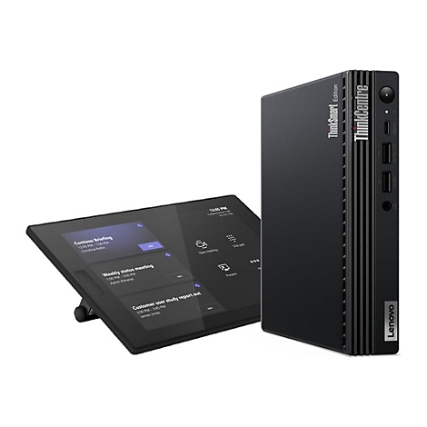 Lenovo ThinkCentre Tiny Desktop und ThinkSmart Touch-Display vor weißem Hintergrund.