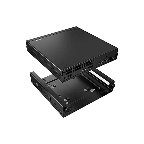 Schwarzer Mini-PC von Lenovo, geöffnet, mit Halterung.