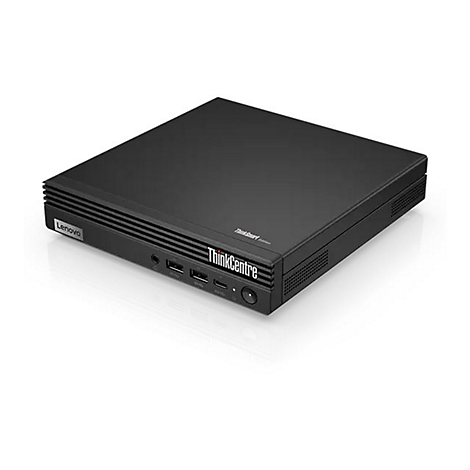 Schwarzer Lenovo ThinkCentre Computer, leicht schräg von oben aufgenommen. Auf dem Gehäuse steht "ThinkSmart".