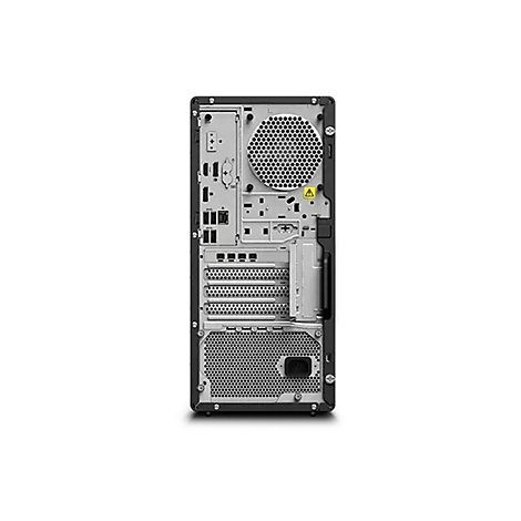 RÃ¼ckseite eines schwarzen PC-GehÃ¤uses mit AnschlÃ¼ssen, LÃ¼ftern und einem Griff.