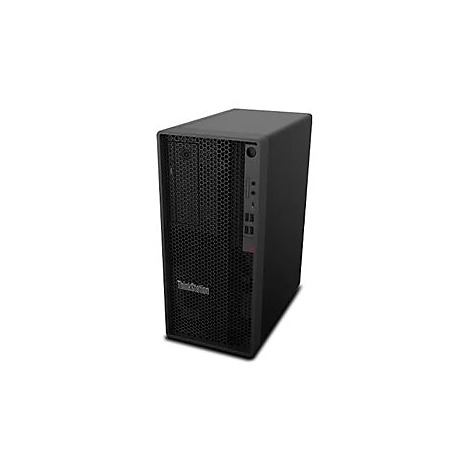 Schwarzer Tower-PC mit Wabenmuster-Frontplatte und ThinkStation-Logo. Auf weiÃŸem Hintergrund.