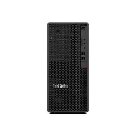 Schwarzer PC-Tower mit 'ThinkStation'-Logo. Frontansicht mit LÃ¼ftungsgitter und AnschlÃ¼ssen.