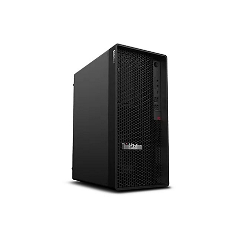 Schwarzer Tower-PC, ThinkStation-Logo, mit Lochmuster auf weiÃŸem Hintergrund.