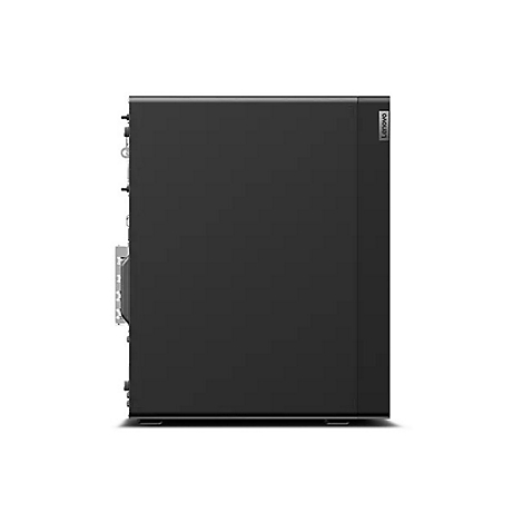 Schwarzer PC-Tower. Lenovo-Logo oben rechts.
