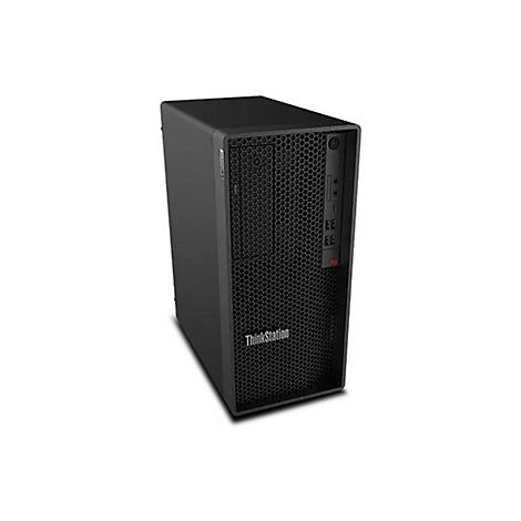 Schwarzer Lenovo ThinkStation Tower-PC vor weiÃŸem Hintergrund. Das Gittermuster bedeckt die Front. Aufschrift 'ThinkStation'.