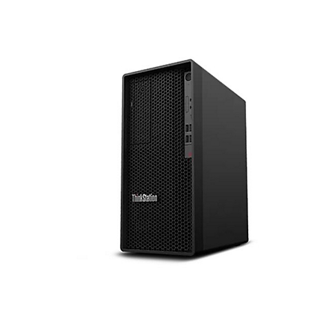 Schwarzer Tower-PC mit ThinkStation-Logo, vor weiÃŸem Hintergrund.