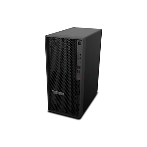 Schwarzer Tower-PC vor weißem Hintergrund. Auf der Front steht ThinkStation.