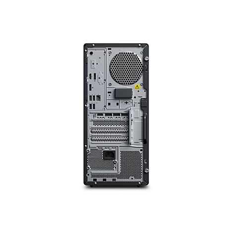 Rückseite eines schwarzen PCs mit Anschlüssen, Lüfter und Stromanschluss vor weißem Hintergrund.