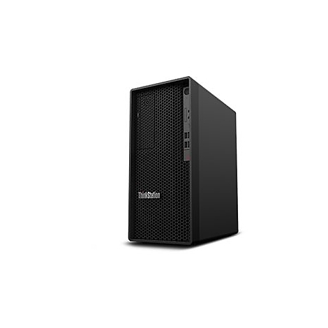 Schwarzer Tower-PC mit ThinkStation-Logo. Auf weißem Hintergrund.
