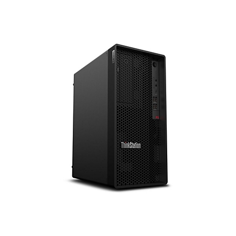 Schwarzer Lenovo ThinkStation P2 Tower-PC, Frontansicht mit Wabenmuster. Das ThinkStation-Logo ist unten zu sehen.