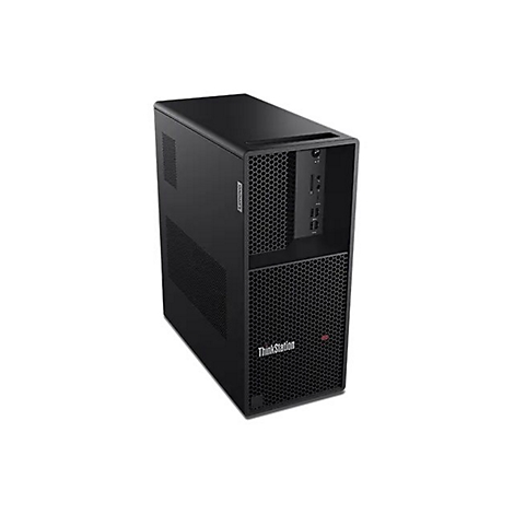 Ein schwarzer Computer-Tower mit den Logos ThinkStation und Lenovo. Die Front hat ein Gittermuster und verschiedene AnschlÃ¼sse.