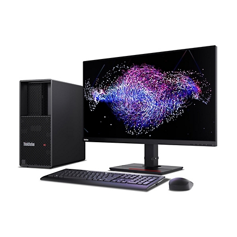 Schwarzer Desktop-PC mit Monitor, Tastatur und Maus. Auf dem Monitor ist ein abstraktes, farbenfrohes Design zu sehen.