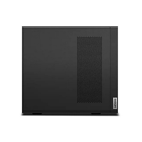 Schwarzer Desktop-PC, Blick auf die Vorderseite, rechte Seite mit perforiertem Gitter, Lenovo-Logo.