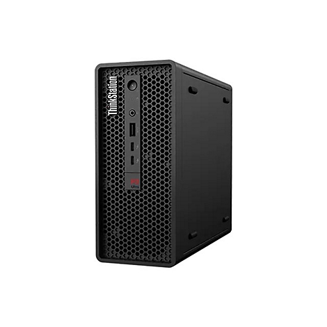 Schwarzer PC-Tower. Die Front zeigt 'ThinkStation', ein Gittermuster und AnschlÃ¼sse. Der Tower steht vor weiÃŸem Hintergrund.