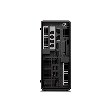 Der Rücken eines schwarzen Desktop-Computers mit verschiedenen Anschlüssen.