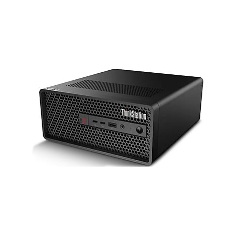Schwarze ThinkStation Computer-Workstation, Vorderseite mit Logo und AnschlÃ¼ssen, vor weiÃŸem Hintergrund.