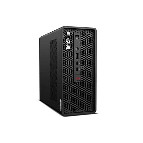 Ein schwarzer Lenovo ThinkStation PC. Die Vorderseite zeigt das Logo und die Bezeichnung ThinkStation.