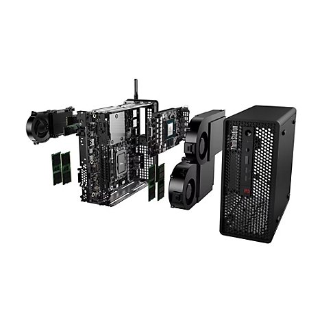 Explosionszeichnung eines Desktop-Computers mit herausgenommenen Komponenten.