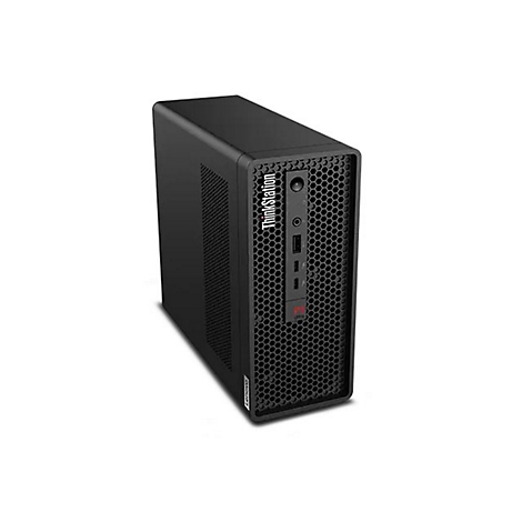 Schwarzer Lenovo ThinkStation PC vor weiÃŸem Hintergrund. Frontansicht mit ThinkStation Logo.