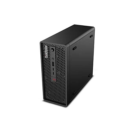 Schwarzer Tower-PC ThinkStation mit Lochmuster und AnschlÃ¼ssen auf der Vorderseite, Text: ThinkStation.