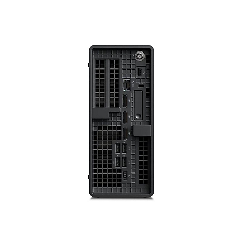 Arrière d'un PC de bureau noir avec ports et fentes de ventilation.