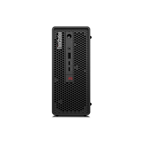 Un PC de bureau noir Lenovo ThinkStation P3 Ultra sur fond blanc. Avec le logo ThinkStation et le texte P3 Ultra.