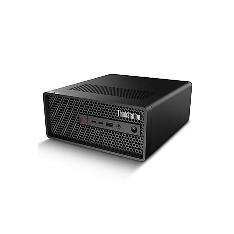 Schwarzer Lenovo ThinkStation Computer. Frontseite mit Lufteinlässen, Anschlüssen und ThinkStation-Schriftzug.