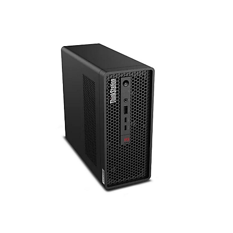PC noir Lenovo ThinkStation. Les ports sont visibles à l'avant avec le logo ThinkStation.