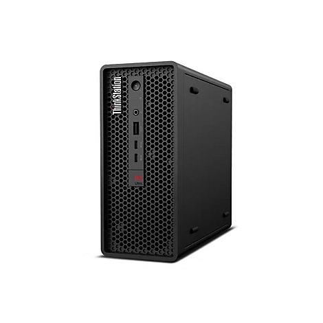 PC tour noir, vue de face, avec logo ThinkStation, ports et motif en grille.