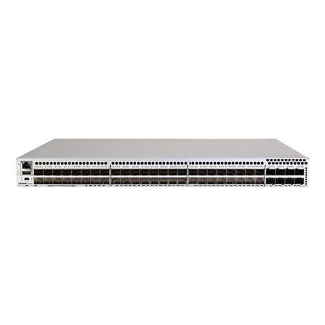 Ein grauer Lenovo-Switch mit zahlreichen Anschlüssen, die auf einer weißen Oberfläche angeordnet sind.