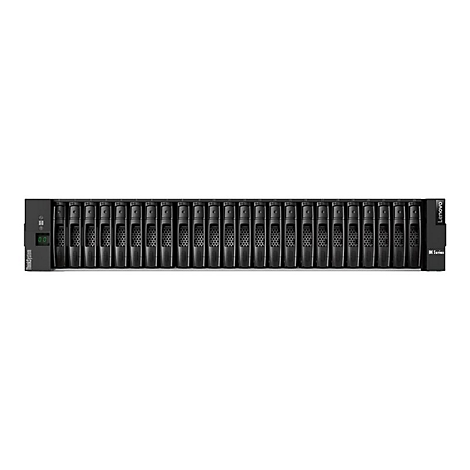 Ein schwarzes Lenovo ThinkSystem-Server-Rack mit zahlreichen Einschüben.