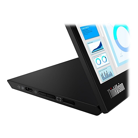 Schwarzer ThinkVision-Monitor mit Präsentation auf dem Bildschirm, der teilweise geöffnet ist.