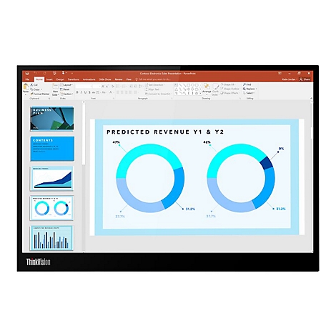 Un moniteur affiche une présentation PowerPoint avec des graphiques et du texte. ThinkVision est écrit en bas.