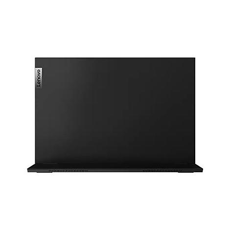 Ordinateur portable Lenovo noir, vue arrière. Petit logo en haut à gauche.