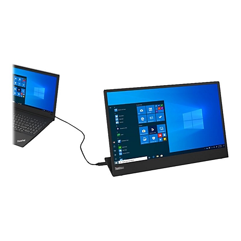 Moniteur ThinkVision noir connecté à un ordinateur portable ThinkPad. Les deux appareils affichent l'écran de démarrage de Windows.