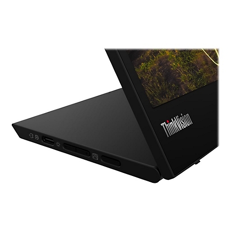 Gros plan sur un écran ThinkVision noir légèrement ouvert. Le côté de l'ordinateur portable montre divers ports et une commande.