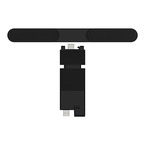 Schwarze Webcam mit Mikrofonleiste, auf weißem Hintergrund.