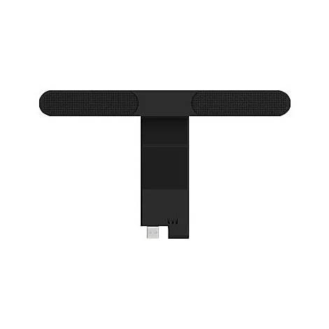 Schwarze, T-förmige Gerät, bestehend aus zwei Lautsprechergittern und einem USB-Anschluss.