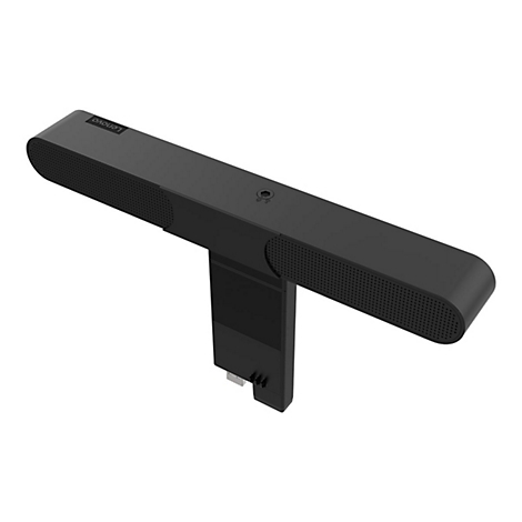 Schwarzes Lenovo-Videokonferenzgerät. Oben steht Lenovo, daneben ein Mikrofon und zwei runde Lautsprecheröffnungen.