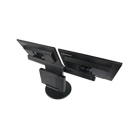 Zwei schwarze Monitore von Lenovo auf einem schwarzen Standfuß. Beide Bildschirme sind leicht angewinkelt.