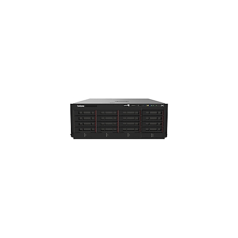 Schwarzer Server mit Einschüben für Festplatten. Oben Leuchtanzeigen.