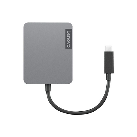 Adaptateur USB-C Lenovo gris. Le logo Lenovo figure sur la surface rectangulaire. CÃ¢ble USB-C connectÃ©.