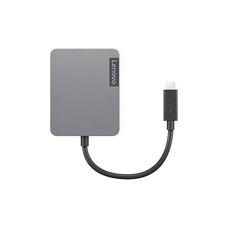 Station d'accueil Lenovo grise avec un cÃ¢ble USB-C. L'appareil est rectangulaire avec des coins arrondis, le logo Lenovo est imprimÃ© verticalement.