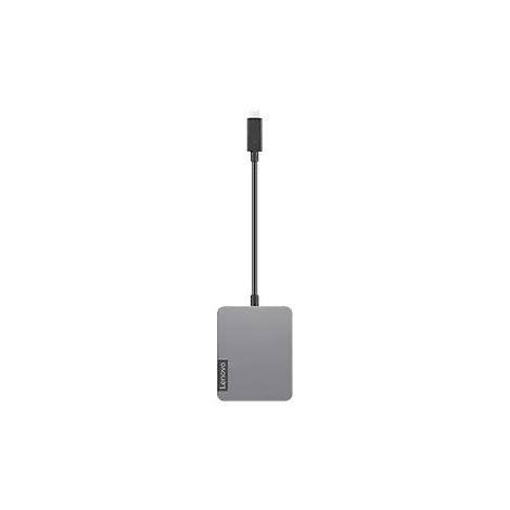 Hub USB-C Lenovo gris avec un cÃ¢ble noir et un connecteur USB-C, sur fond blanc.