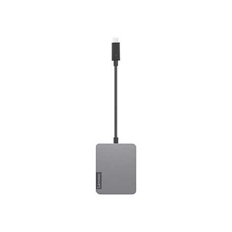 Hub USB-C gris Lenovo avec cÃ¢ble noir suspendu sur fond blanc.