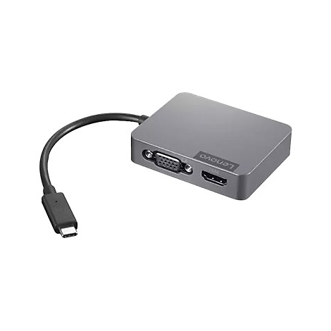 Adaptateur USB-C Lenovo gris avec ports VGA et HDMI.