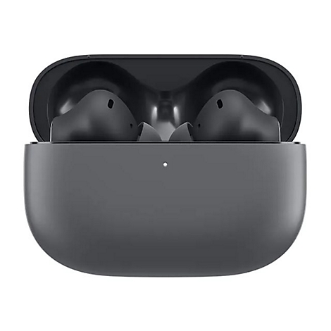 Dunkelgraue kabellose Ohrhörer mit Ladecase, offener Deckel. Aufgehellter Hintergrund.